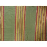 A pair of yellow and red on green striped twill weave Curtains. Red lining and large gilded