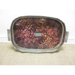 A large plated oblong Tray with pierced gallery, leafage scroll handles with faux tortoiseshell