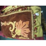 A brown velvet Curtain with an appliqué design at the corner and bobble fringe, 19th Century, 44in W