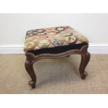 A Victorian rosewood framed square Dressing Stool with woolwork upholstery on carved cabriole legs