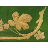 A group of forest green baize Curtains, the pelmets with a design of leaves and branches. Damage and