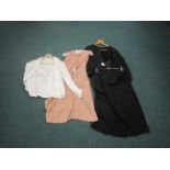 A 1940’s black silk brocade Suit, soft pink 20’s Day Dress and a 30’s white cotton Jacket with