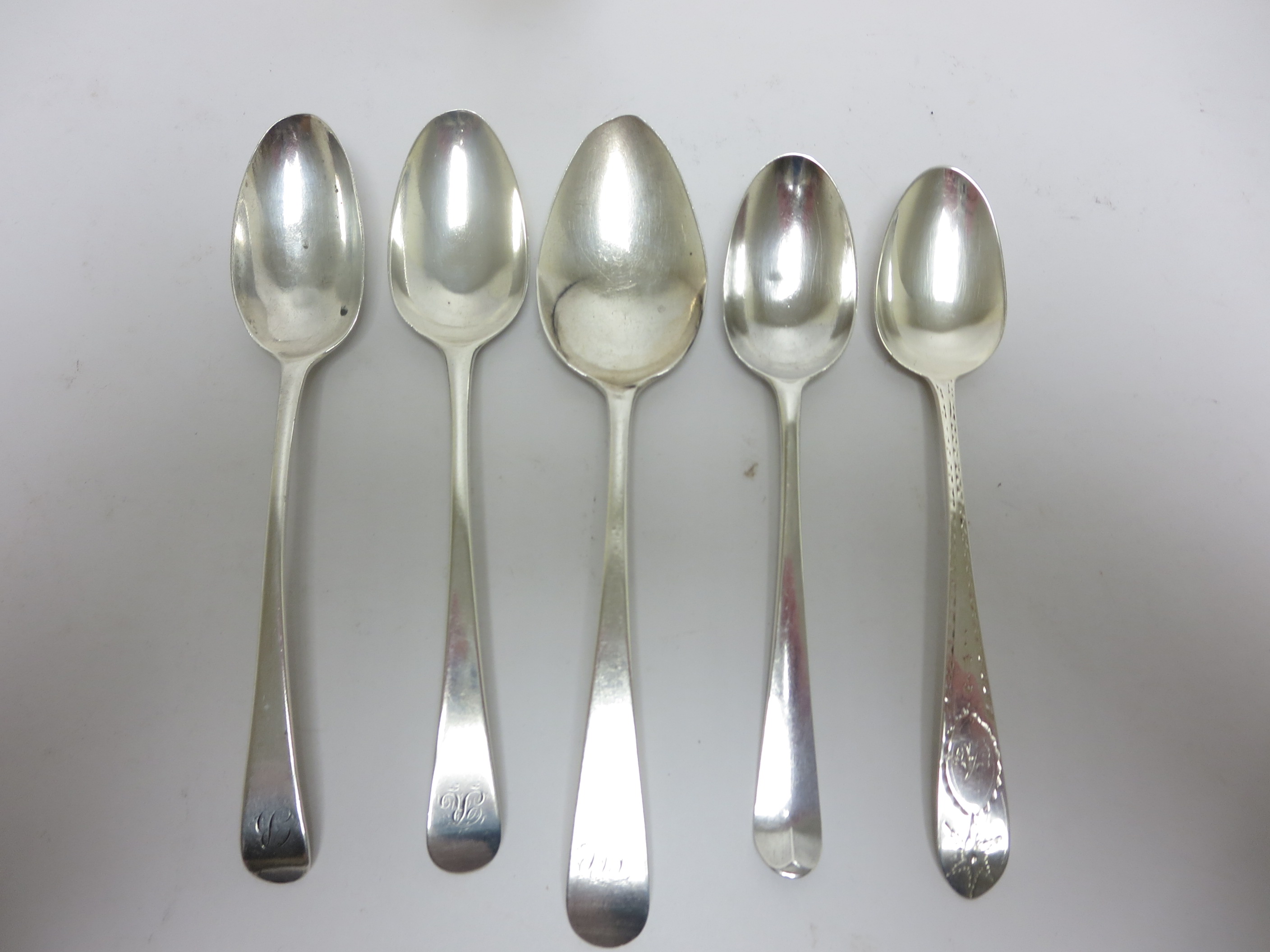 A Group of five George III silver Dessert Spoons, including Birmingham 1778, maker: E Sawyer,