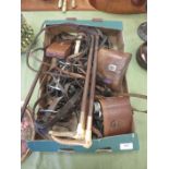 Two leather bound Hunting Whips with antler handle grips, both with gold mounts, one marked Brigg,