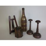 Pair of turned oak Wig Stands, 8in H, an olivewood octagonal Pen Stand, 4in H x 4in D, a mahogany