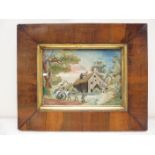 A 19th Century silkwork Picture of a farmer with horse and cart, buildings beyond, in walnut