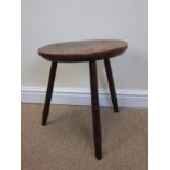 A 19th Century Stool with burr wood oval seat stamped W Hall, on three ring turned legs
