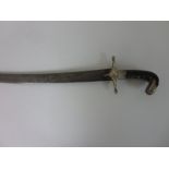 A 19th Century Eastern Sword with curved steel blade, crossed hilt, wooden inlaid grip and silver