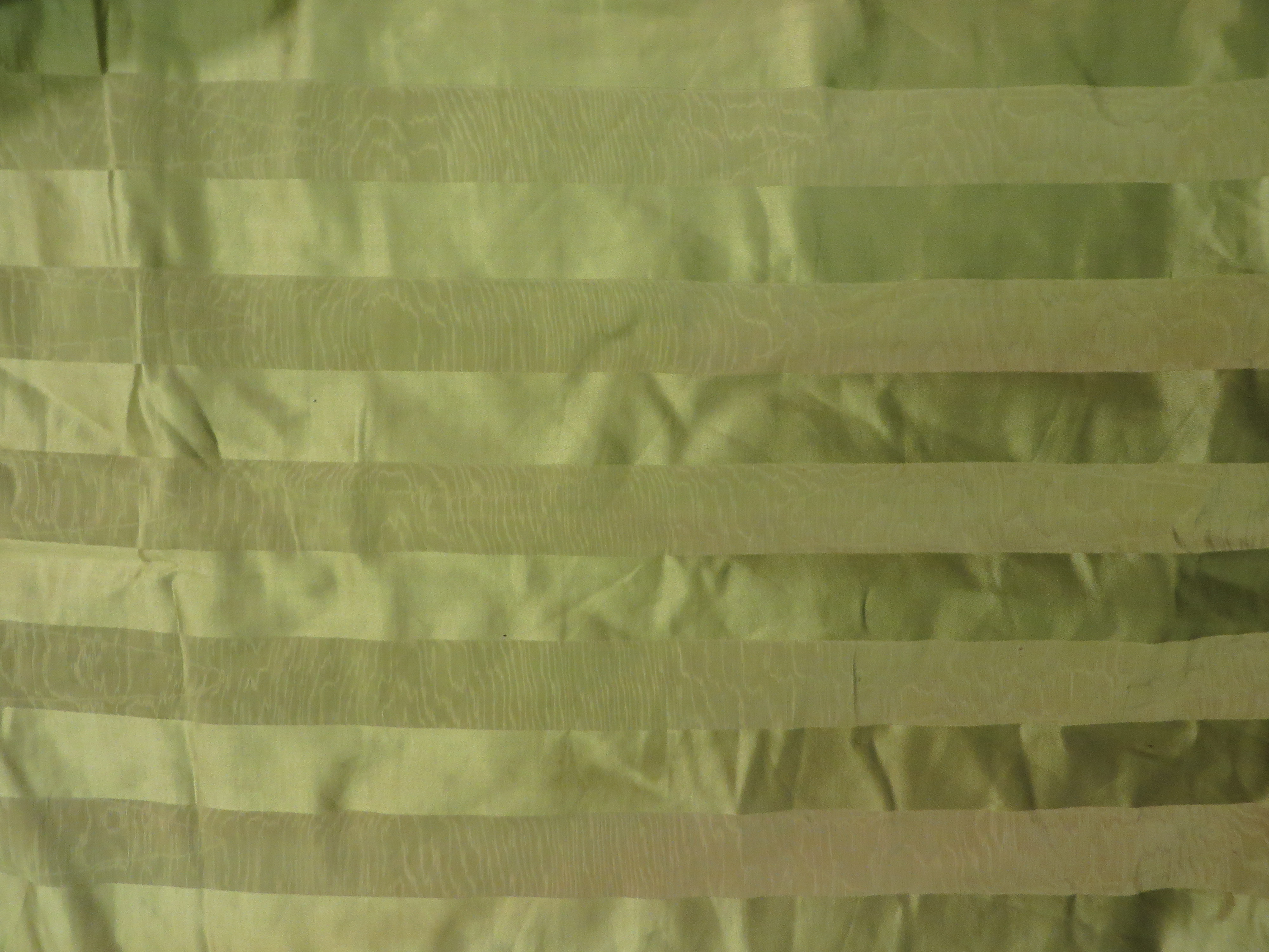 Three striped satin pale green Curtains with rusched detail and fringed edges, c1900. 50in W x 117in