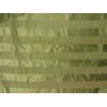 Three striped satin pale green Curtains with rusched detail and fringed edges, c1900. 50in W x 117in