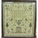 An early Victorian Needlework Sampler by Susanna Shoebridge 1838 with verse, house, birds, trees,