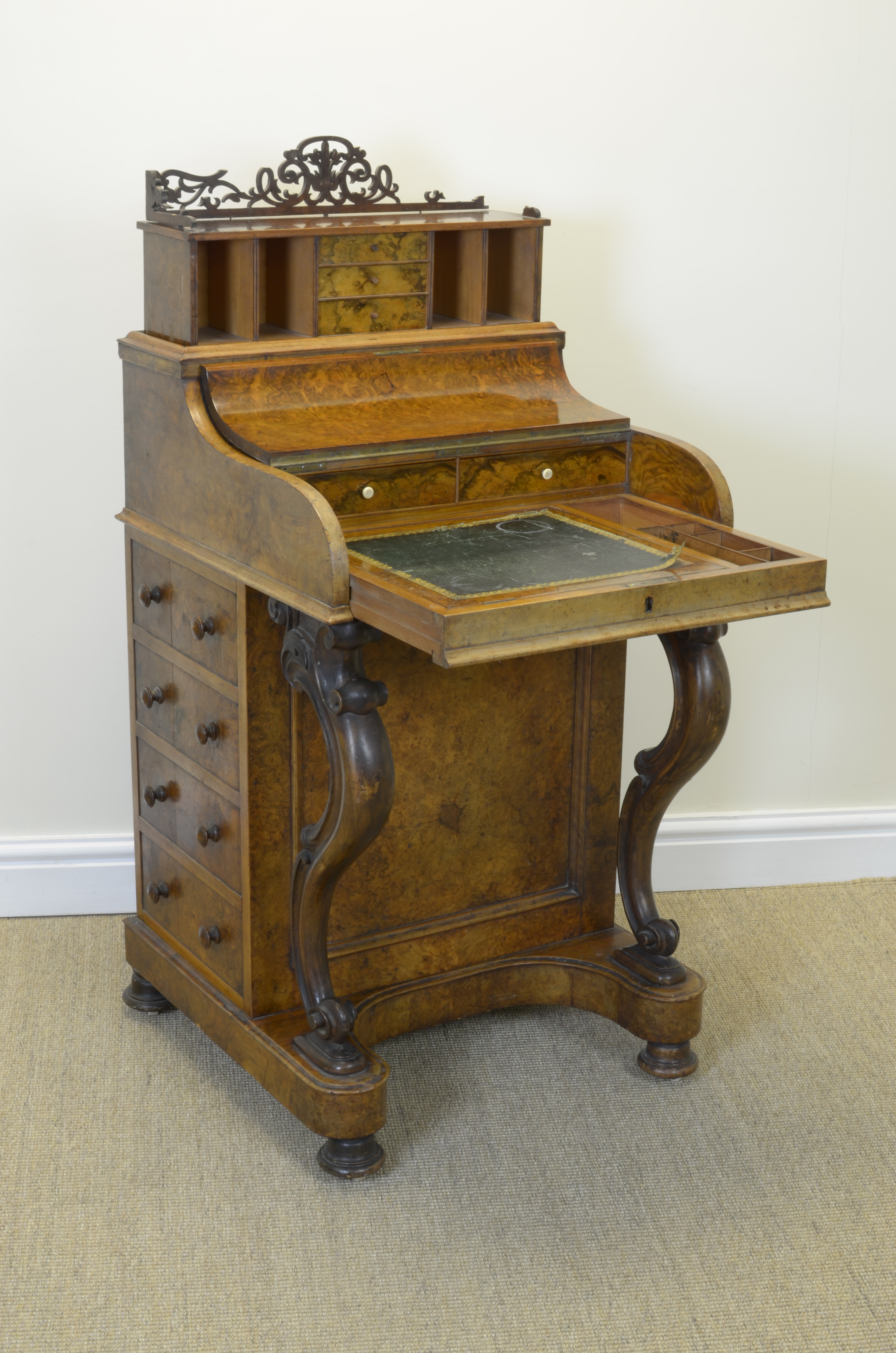 A Victorian burr walnut piano top Davenport with rising top fitted drawers and pigeon holes, pull- - Image 3 of 3