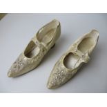 Pair of cream satin Evening Shoes with strap fronts, embroidered with clear and opaque glass