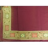 Two pairs of crimson Curtains decorated with wide braid. With brass studded curtain rings. Some