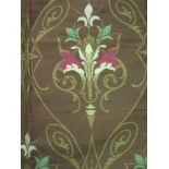 A matching group of three mid-brown Curtains with a stylised brocaded flower pattern and  braided