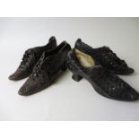 Pair of French jet embroidered black leather ladies Shoes lined with cream satin and a similar