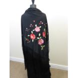 A black silk Spanish style Shawl with two sides alike and deep fringe and a cream Shawl with lime