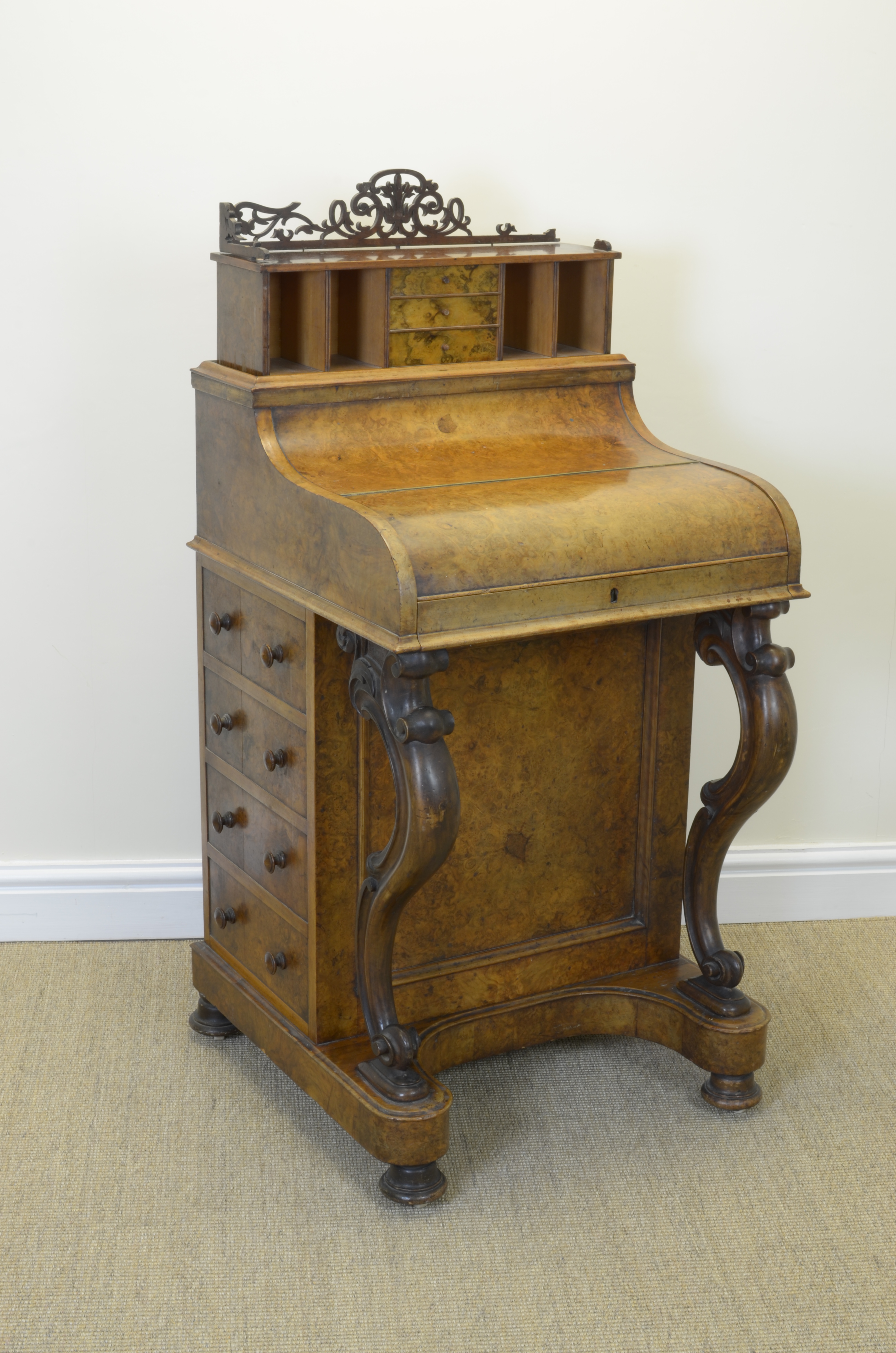 A Victorian burr walnut piano top Davenport with rising top fitted drawers and pigeon holes, pull- - Image 2 of 3