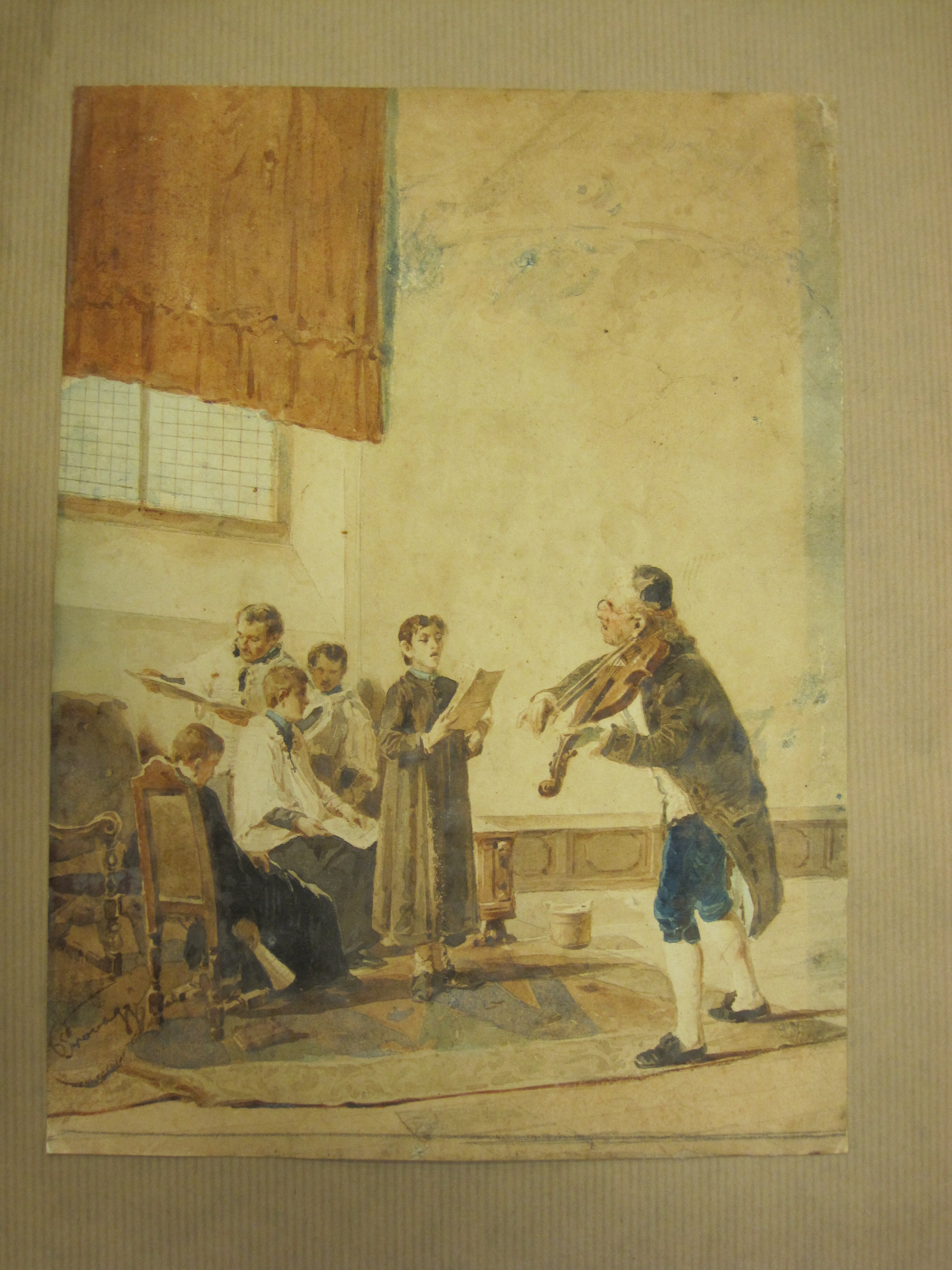 *SCROVAGGI (?) The Music Lesson, indistinctly signed, watercolour, unframed, 10 1/2 x 8 in;¦ and a