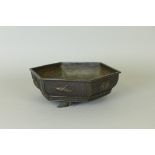 A Japanese bronze hexagonal Bowl decorated insects to the sides, including grasshopper, dragonfly,