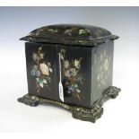 A lacquered and mother of pearl inlaid Sewing Box decorated flowers with hinged lid and fitted