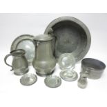 A Collection of Pewter Items including Tappit Hen with scallop thumb piece, baluster Mug, floral