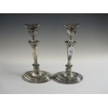 Pair of Adam style Candlesticks with tapering columns on oval bases, London 1966, 11 1/2in