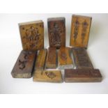 Ten carved wood Plaster Moulds in boxwood etc, including lyre designs, leaves, flowers, shells,
