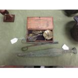 A Grand Tour bronze Dagger with spiral grip, 14in, set of Apothercary’s Scales in oak case, and a