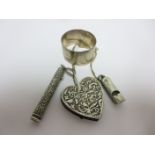 A Victorian silver heart shape Pin Cushion embossed leafage scrolls, Birmingham 1897, a silver