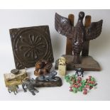 A small square carved Plaque, 8in carved bird figure, A/F, six various carved and cast Figures of