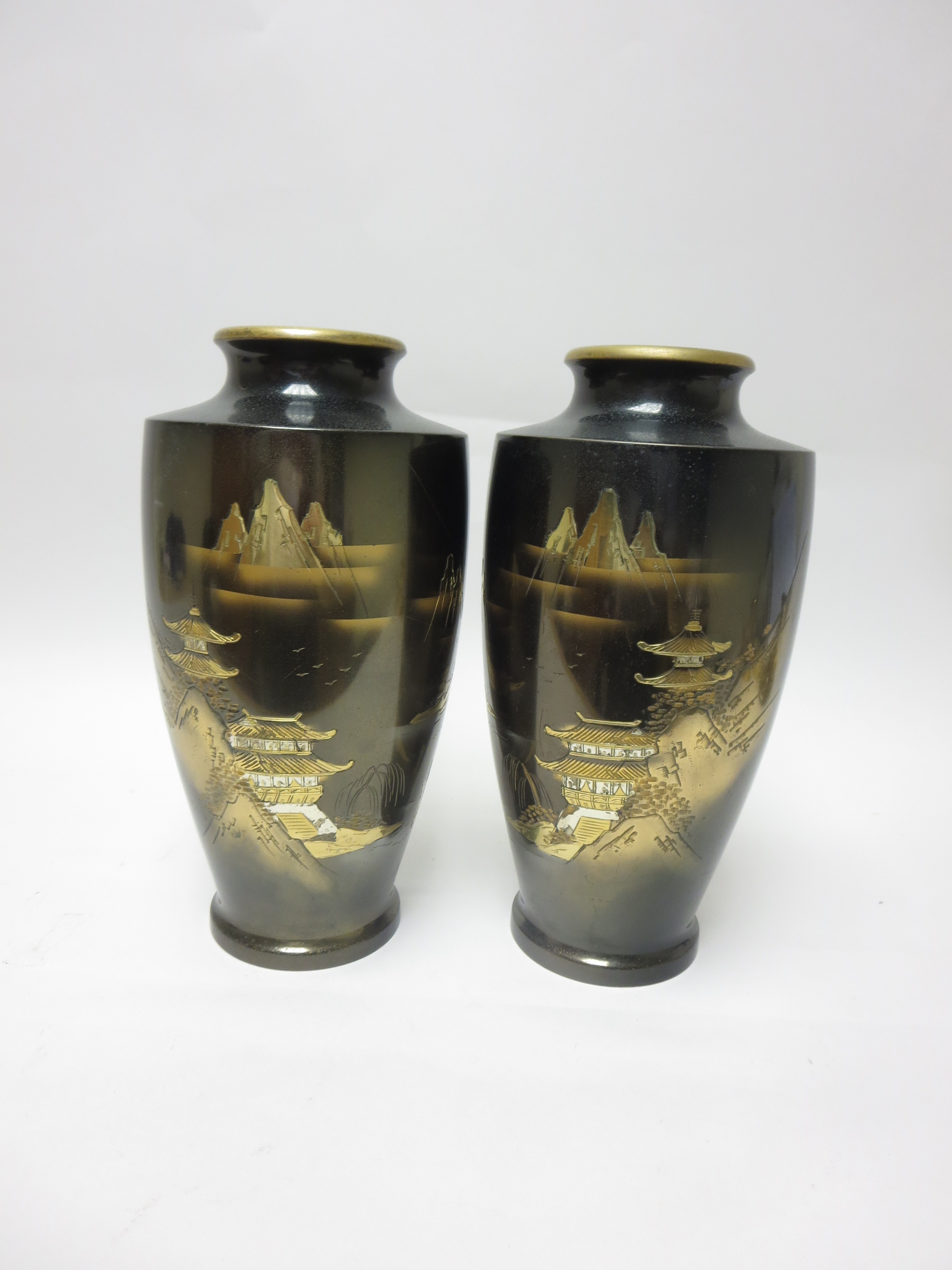 Pair of Japanese Vases engraved landscape friezes, 9in