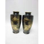 Pair of Japanese Vases engraved landscape friezes, 9in