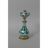 A 19th Century brass-mounted Bohemian green and white glass Oil Lamp, 13in H