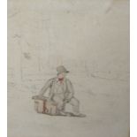 ATTRIBUTED TO ROBERT HILLS. A Boy seated, a landscape beyond, pencil heightened with watercolour,