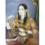 INDIAN SCHOOL, 19TH CENTURY. A portrait miniature depicting a young lady, seated, wearing