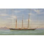 TOMASSO DE SIMONE. A steam yacht in the Bay of Naples, signed, gouache, 16 x 24 1/2 in