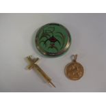 A Mordan retractable Pencil formed as a cross, an enamel on silver Pill Box and a yellow metal