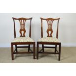 Pair of 18th Century walnut Side Chairs having shaped top rails, pierced yoke splats, upholstered