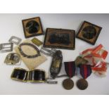 A quantity of old Buckles, chess pieces and three Daguerrotype