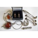 A pair of Garnet Earrings each set circular-cut stone, a modern Amber Ring stamped 925, a modern