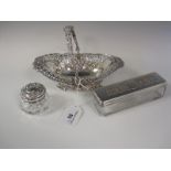 A Victorian silver oval Bon Bon Dish with pierced and scroll design, swing handle, Chester 1896, a