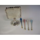 A Victorian silver Menu Holder on circular base, Birmingham 1900 and four Danish silver-gilt and