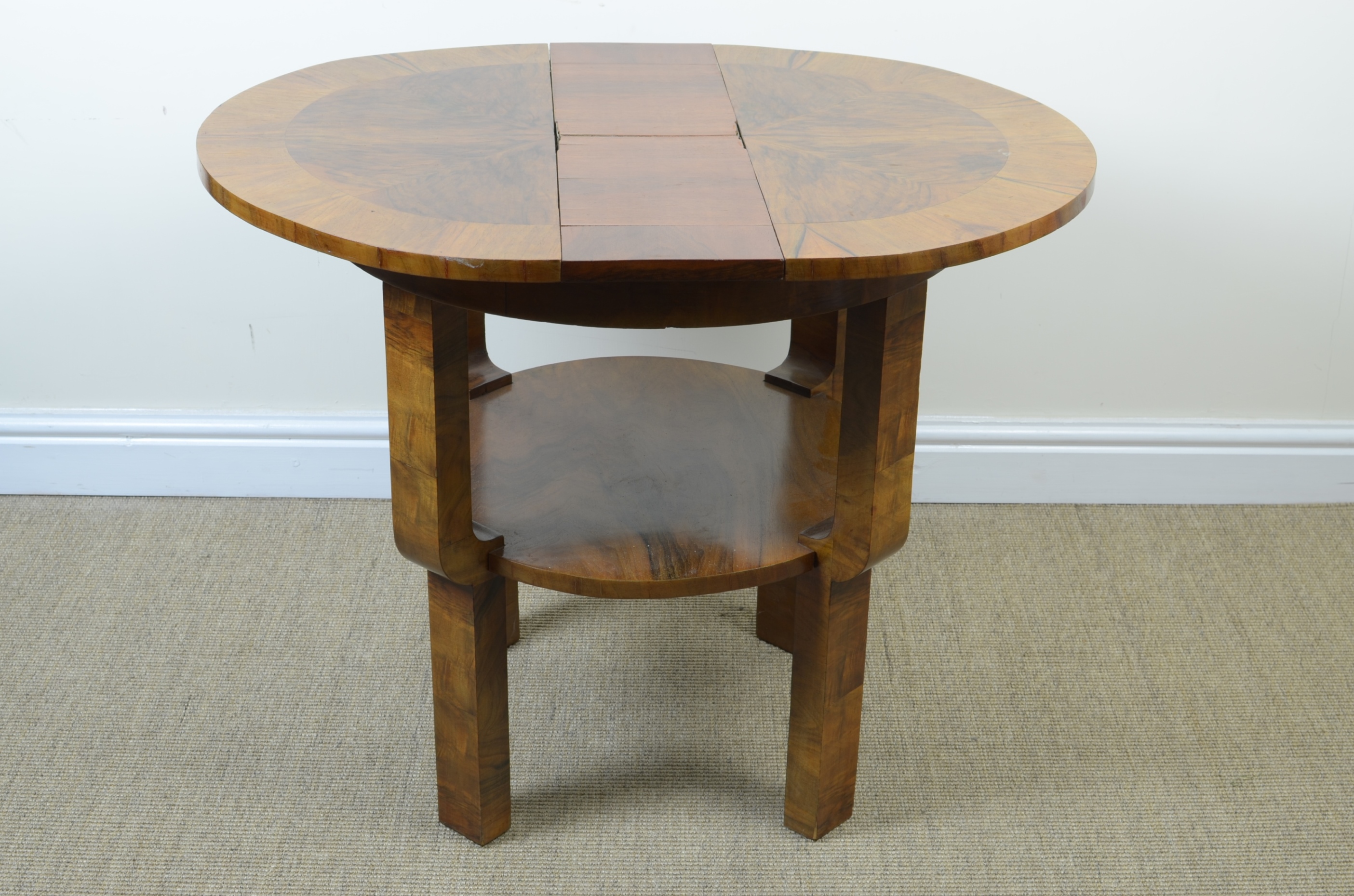An Art Deco circular walnut Occasional Table with extending top, replaced leaf, with undertier, - Image 2 of 2