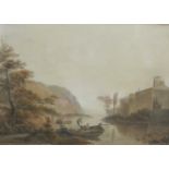 ENGLISH SCHOOL, EARLY 19TH CENTURY. A river Landscape with Figures in a  barge, watercolour, 11 1/