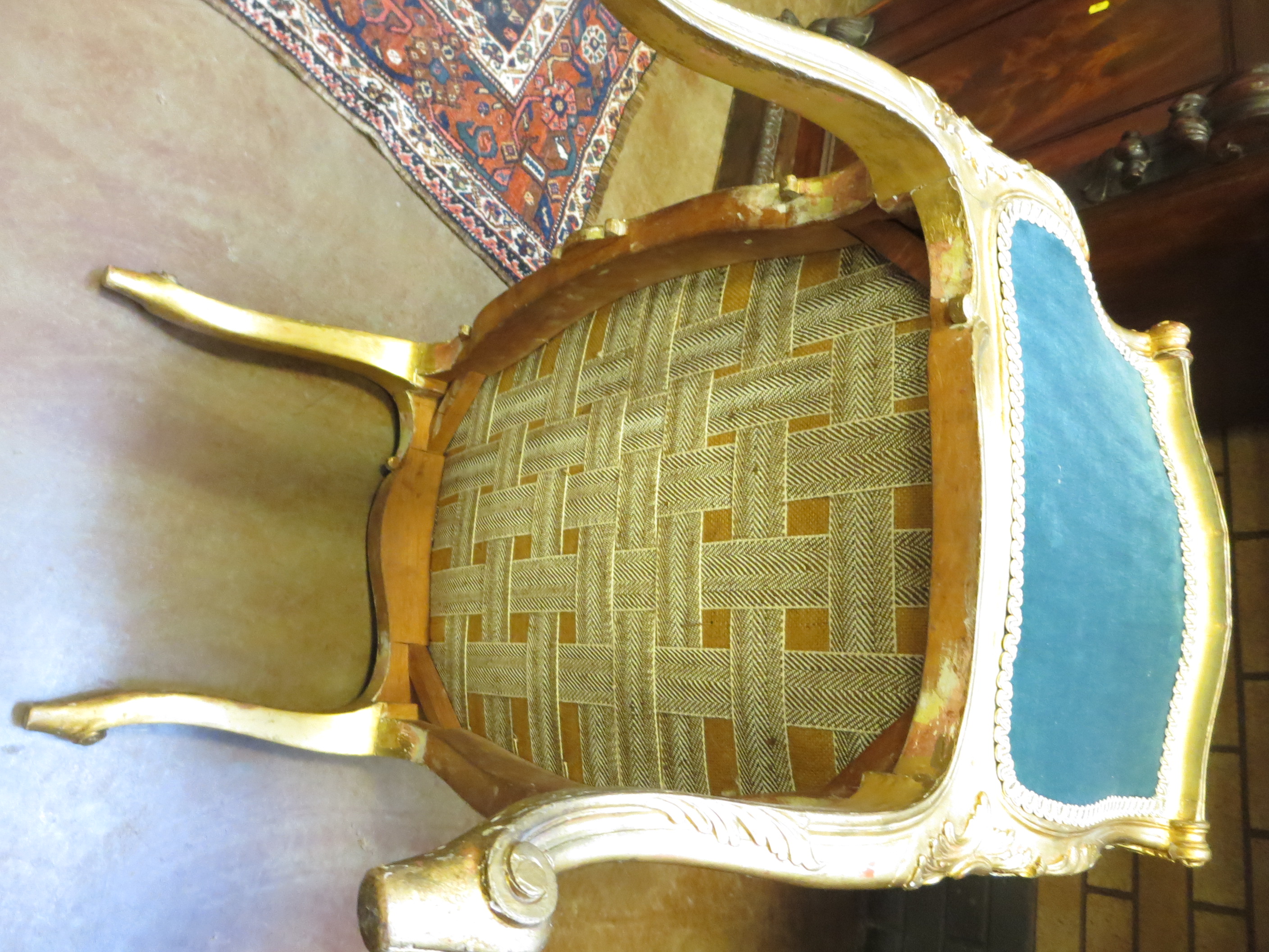 A gilt framed Window Chair with carved cresting rail, scroll shaped arms, upholstered in blue dralon - Image 7 of 7