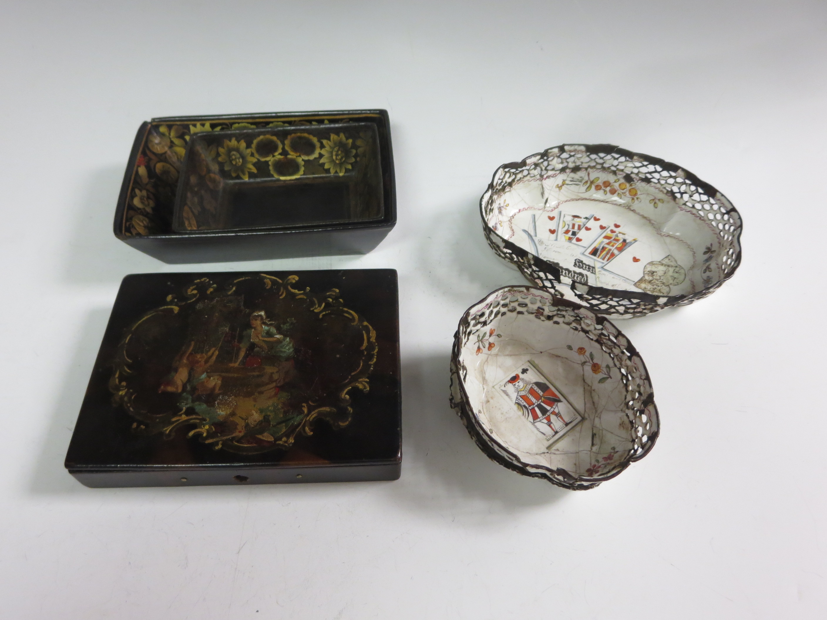 A 19th Century papier mache Paint Box decorated Fragonard scene, 5 1/2 x 4in, two papier mache and