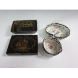 A 19th Century papier mache Paint Box decorated Fragonard scene, 5 1/2 x 4in, two papier mache and