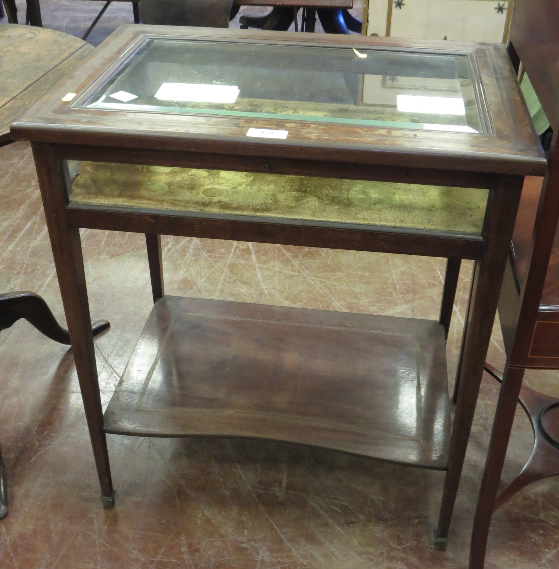 A 19th Century mahogany Display Table with glazed panels (one A/F), brass inlay on square tapering