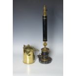 A Muntz's patent brass small Milk Churn and Cover with swing handle, and a black Table Lamp on